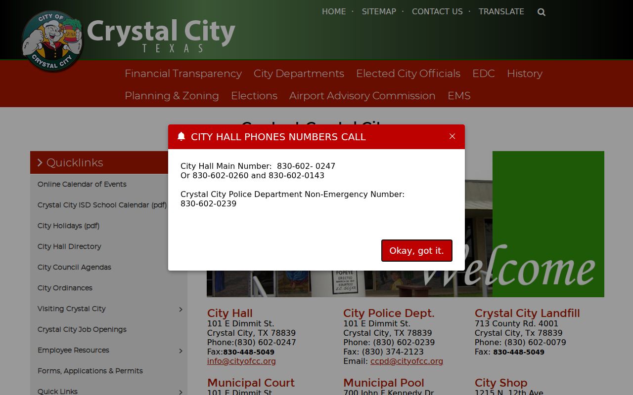 Crystal City warrant and municipal court contacts at the shared civic location