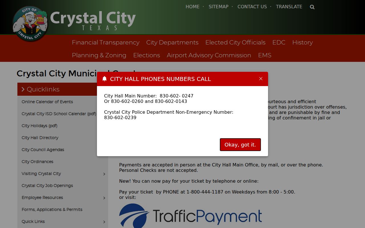 Crystal City municipal warrant court information for Zavala County