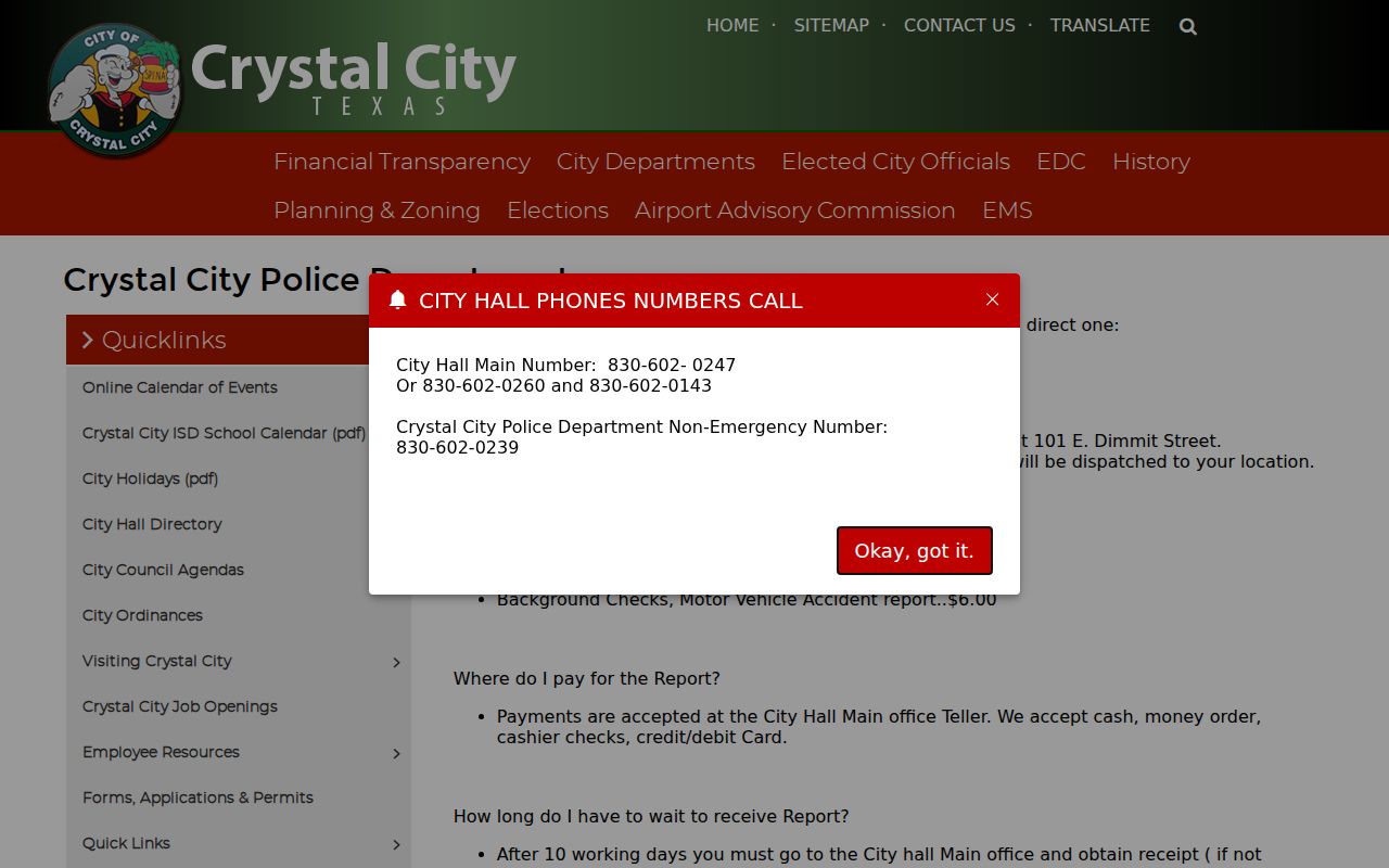 Crystal City warrant routing with police contact near the municipal court